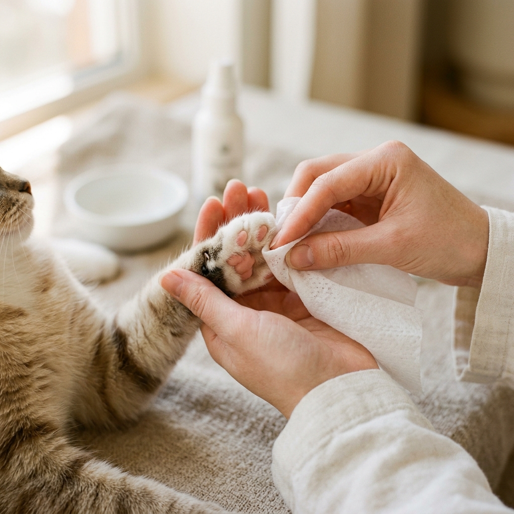 A cat paw being gently cleaned with Clans of Pets wet wipes
