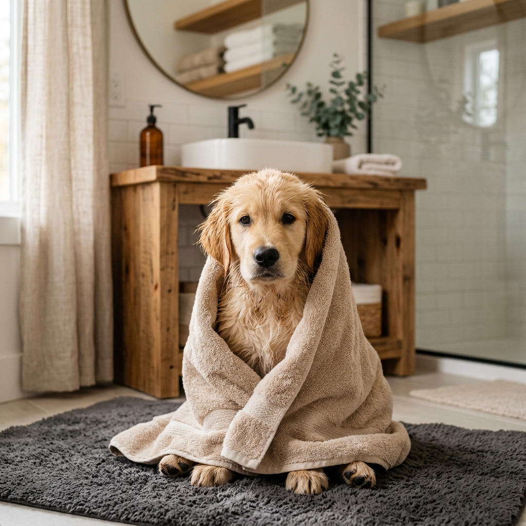 Golden Retriever after bath wrapped in a warm towel